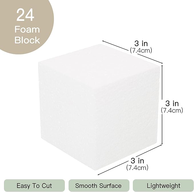 Crafare 3x3x3 Inch 24Pack Craft Foam Square Polystyrene Square Cubes for Arts Projects Sculptures Floral Arrangements Modeling and Centerpieces