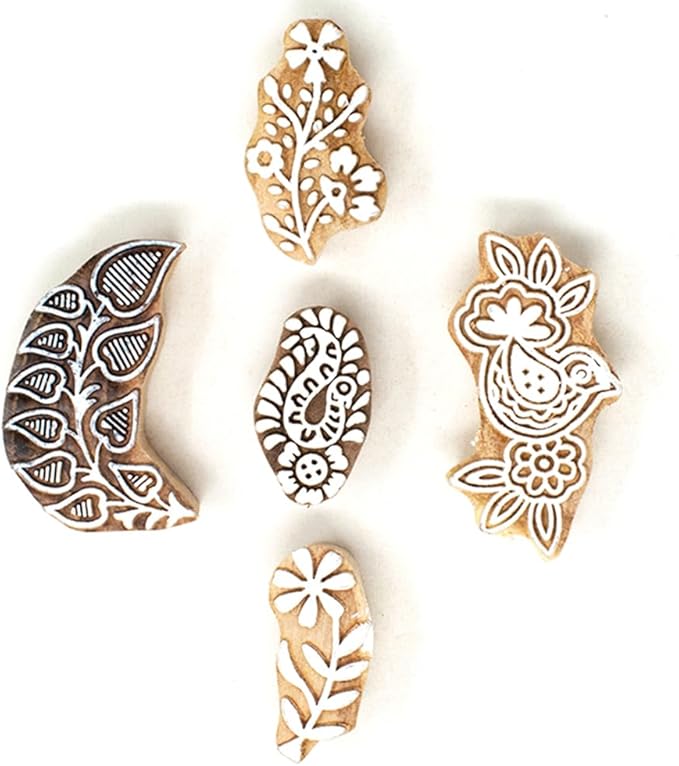 Wooden Printing Stamps - Wooden Block Stamps - Indian Textile Printing Blocks for Tattoo Clay Pottery Henna Card Making Pack of 5, Hashcart®