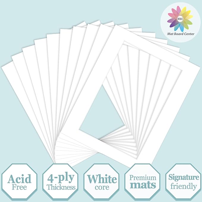 MBC Mat Board Center, 10 Pack 11X14 for 8X12 White Picture Mats Frame Mattes, Bevel Cut, Acid Free, 4-Ply Thickness