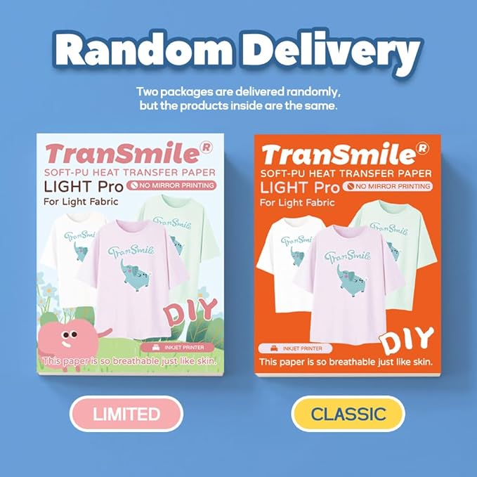 TranSmile PU-Heat Transfer Paper for T Shirts (20 Sheets, 8.5x11'', Light), Iron on Transfers for Light Fabric, Printable Heat Transfer Vinyl for Inkjet Printer
