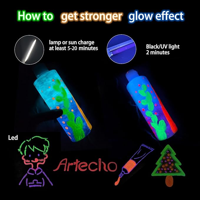 Artecho Glow in the Dark Paint, Neon Yellow Paint (120ml / 4.05oz) Tubes, Art Craft Paints for Canvas, Rock, Stone, Wood, Fabric, Art Supplies