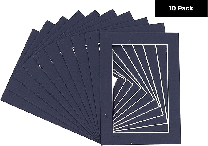 Pack of Ten Acid Free 8.5x11 Mats Bevel Cut for 7x9 Photos - Navy Precut Matboards With Backing Boards and Self Seal Photo Mat Bags For Pictures, Photos, Framing - 4-ply Thickness