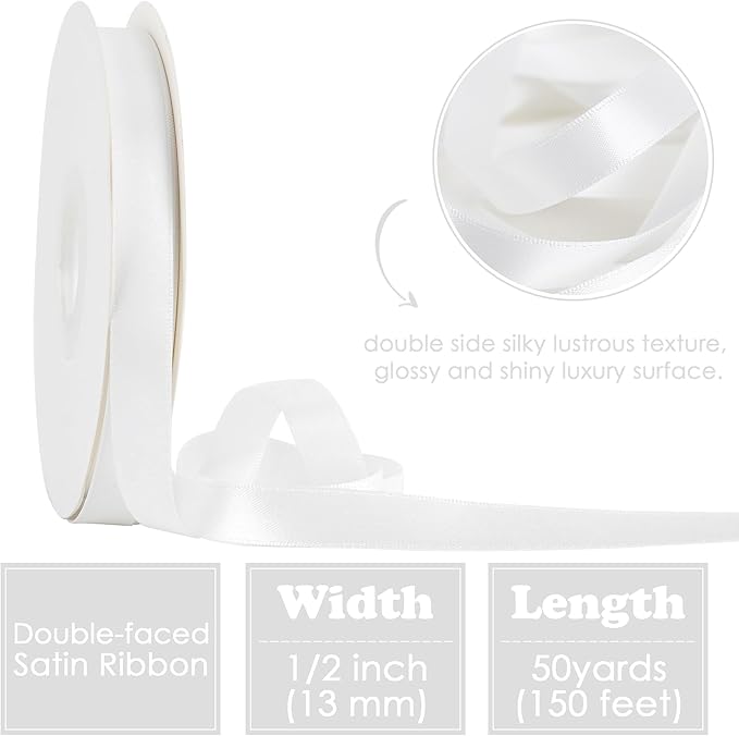 HUIHUANG White Satin Ribbon 1/2 inch X 50 Yards Continuous, White Double-Faced Satin Ribbon for Gift Wrapping, Bows, DIY Crafts, Flower Bouquet, Wedding Bridal Shower Decor, Hairs