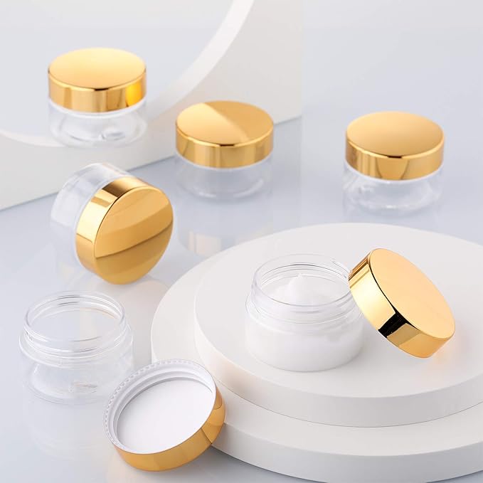 SATINIOR 12 Pack 6 oz Plastic Container Jars with Lids Round Clear Travel Cosmetic Container Slime Jars for Toiletries, Lotion, Cream, Ointments, Makeup, Rhinestone, Samples, Kitchen Storage(Gold)