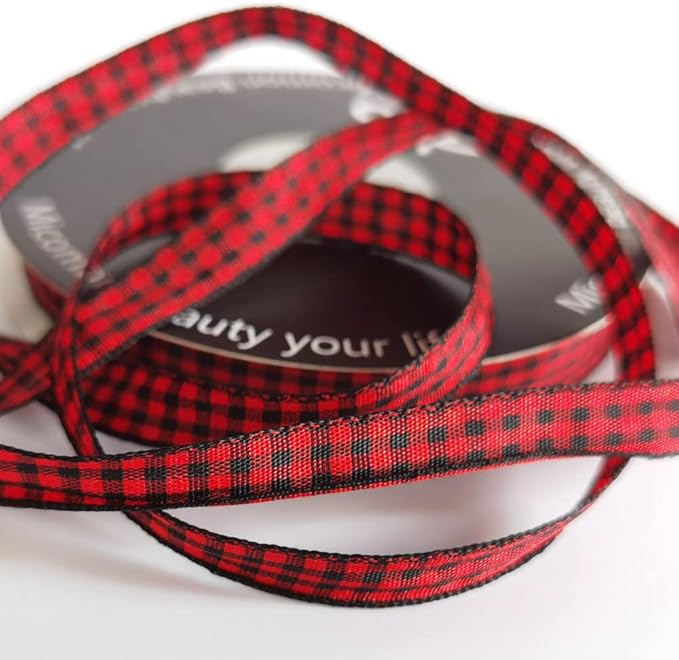 Red and Black Gingham Plaid Checked Ribbon 25 Yards Each Roll 100% Polyester (3/8",BlackRed)