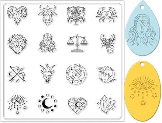 CHGCRAFT Polymer Clay Texture Sheets - 12 Zodiac Signs Silicone Stamp for Divination - Clear Mat Tools for Jewelry Earring Making, 5.5x5.5inch