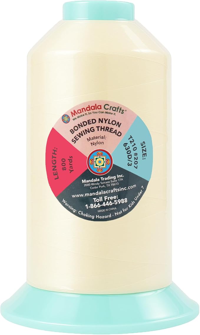 Mandala Crafts Size 207 630D T210 Bonded Nylon Thread Ivory Heavy Duty Sewing Threads - 800 YDs Tex 210 Thread for Leather, Jeans, Weaving, Outdoor Marine Upholstery Threads