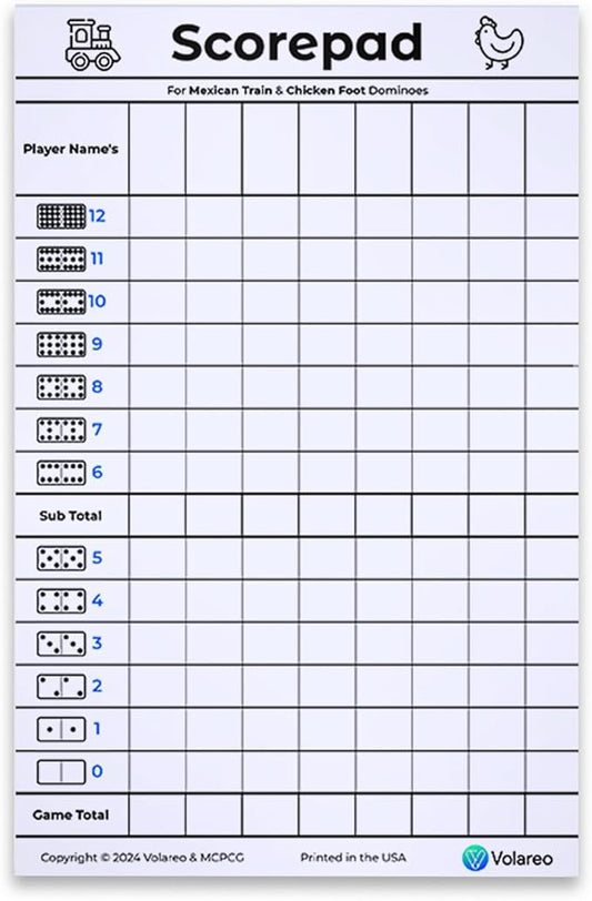 Mexican Train and Chicken Foot Dominoes Score Pad - 100 Scoring Sheets per Scorepad, 8.5 x 5.5 Inches - Score Sheets for Double 12 Domino Sets, White, VO-320