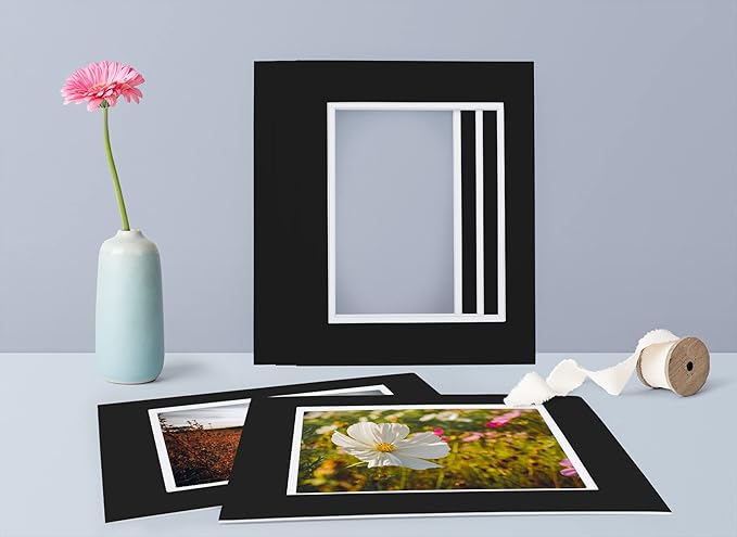 Golden State Art, 11x14 Double Mats for 8x10 - for Photos, Pictures, Frames - Acid-Free, 5 Pack, Black Over White