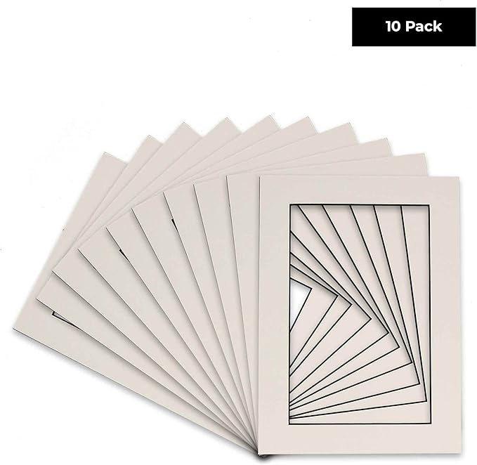 Pack of Ten Acid Free 8.5x11 Mats Bevel Cut for 7x9 Photos - White with Black Core Precut Matboards with Backing Boards and Self Seal Photo Mat Bags for Pictures, Photos, Framing - 4-ply Thickness