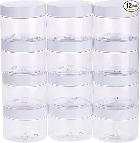 SATINIOR 12 Pack 6 oz Plastic Container Jars with Lids Round Clear Travel Cosmetic Container Jars for Toiletries, Lotion, Cream, Ointments, Makeup, Rhinestone, Samples, Kitchen Storage(White)