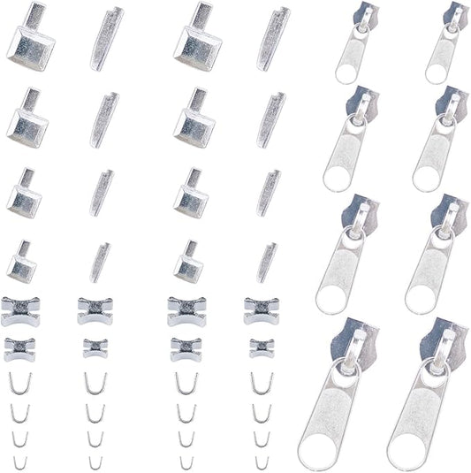 48 Pieces Metal Zipper Repair Accessories Set, Zipper Head Slider Retainer Box Insert Pin Top Bottom Stoppers for DIY Sewing Replacement Zipper Repair Kit 3# 5# 8# 10# (Platinum)