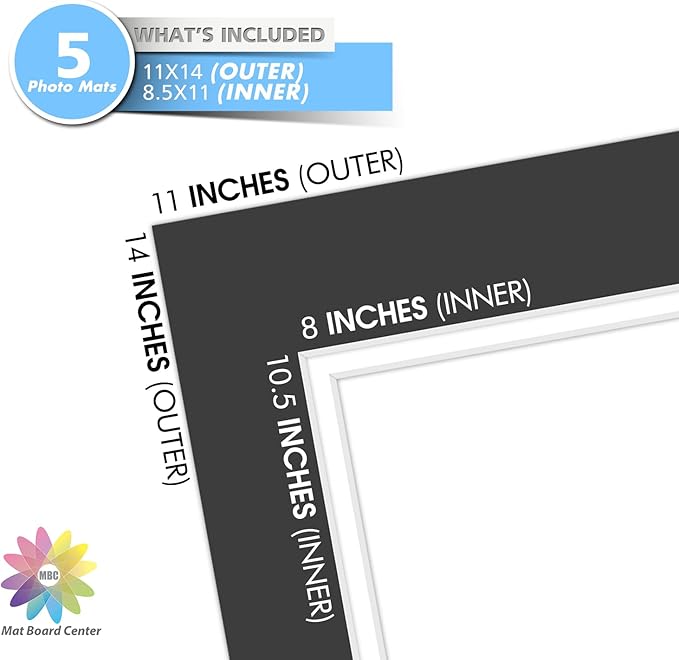 Mat Board Center, Double Mat - Acid Free, 8-ply Thickness, White Core - for Pictures, Photos, Framing (Black Over White, 11x14 for 8.5x11, Pack of 5)