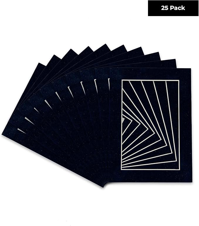 Pack of 25 Acid Free 11x14 Mats Bevel Cut for 8.5x11 Photos - Navy Suede Precut Matboards With Backing Boards and Clear Photo Mat Bags For Pictures, Photos, Framing - 4-ply Thickness
