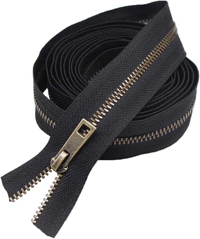 Meillia #3 Upholstery Zipper Tape by The Yard Black Metal Zippers 5 Yards with 10pcs Antique Brass Pulls for Sewing Tailor Crafts (Anti-Brass 5 Yards)