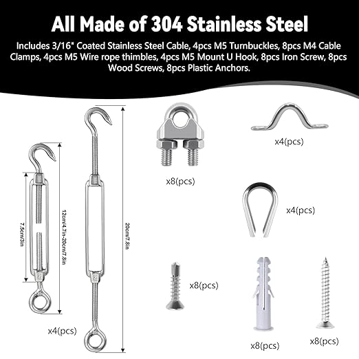 3/16" Sunshade Sail Hardware Kit, Turnbuckles for Cables Wires, PIUM PVC Coated Wire Rope Kits, 50Ft Stainless Steel Cable for Clothes Line Wires, String Light Hanging and Garden Plant Trellis