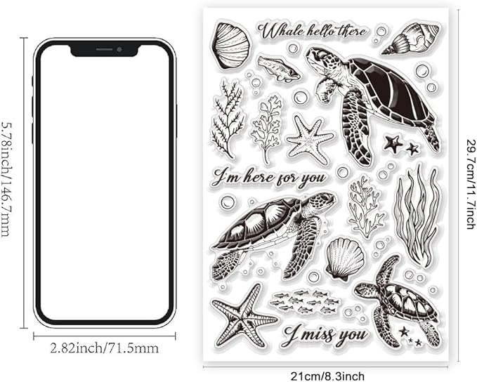 11.7 x 8.3 inch Sea Turtle Clear Stamps for Card Making Marine Organism Rubber Stamps Background Stamps for Card Making Holiday DIY Handmade Decoration Scrapbooking journaling Stamps