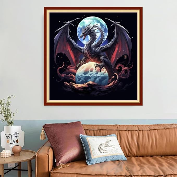 Joyhoor Stamped Cross Stitch Kits for Beginners, Needlepoint Kits for Adults, 11CT Counted Embroidery Kits-Moon Dragon 18x18 inchs
