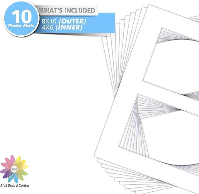 Mat Board Center, Pack of 10, Photo Picture Mats - Acid Free, 4-ply Thickness, White Core - for Pictures, Photos, Framing (8x10 for 2-4x6 White)