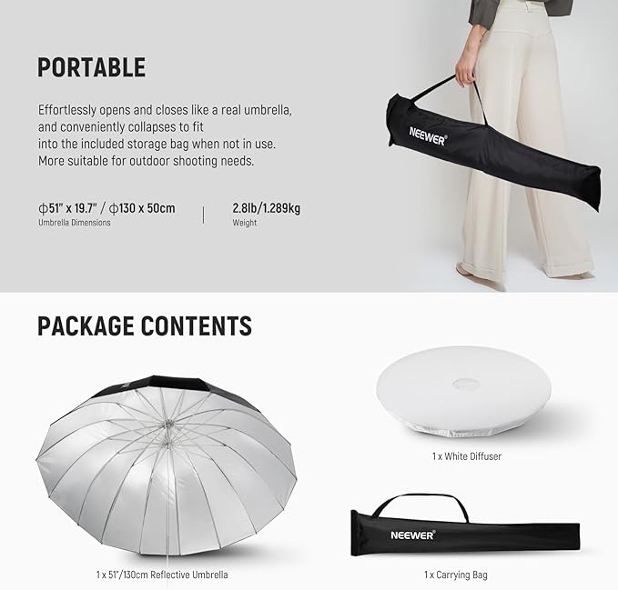 NEEWER 51"/130cm Parabolic Reflective Umbrella Photography with Silver Inner, Soft Lighting with Diffuser Cover, Bag, Quick Fold for Camera Photo Studio Video Light Shooting Monolight Flash, NS2U