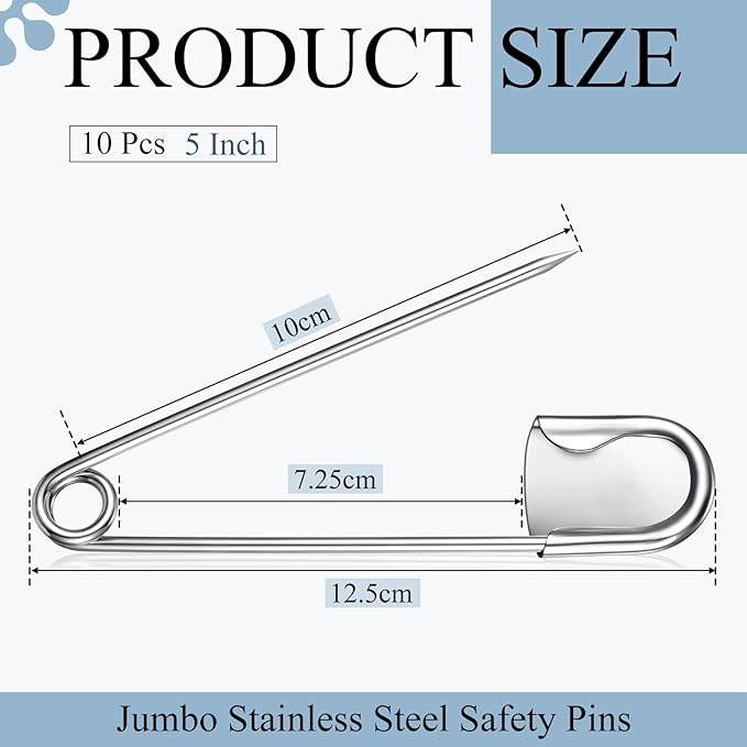 Juexica 10 Pcs 5 Inch Jumbo Stainless Steel Safety Pins Large Heavy Duty Huge Strong Laundry Pins for Upholstery Sewing Quilting Key Rings Craft Outdoor (Silver)