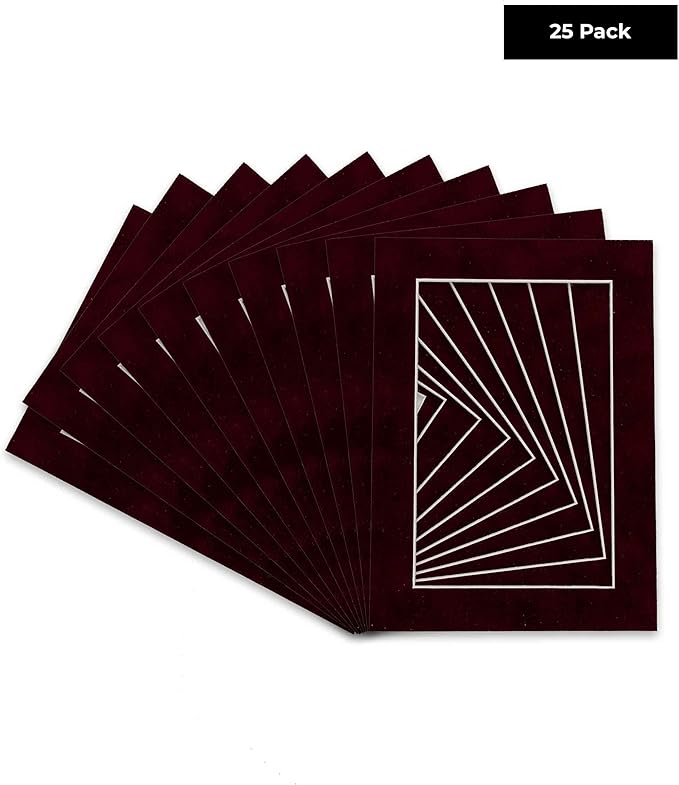 Pack of 25 Acid Free 11x14 Mats Bevel Cut for 8.5x11 Photos - Dark Red Suede Precut Matboards With Backing Boards and Clear Photo Mat Bags For Pictures, Photos, Framing - 4-ply Thickness