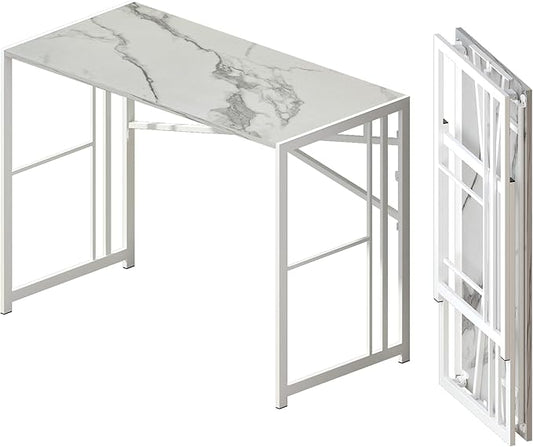 Folding Computer Desk 40 inch Writing Gaming Computer Camping Desk, No Assembly Required Home Office Table, White Marble