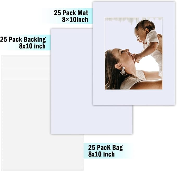 Egofine Pack of 25 White Mat Board Pre-Cut 8x10 Picture Mat for 5x7 Photo with White Core Bevel Cut Mattes Sets. Includes 25 High Premier Acid Free Mats & 25 Backing Board & 25 Clear Bags