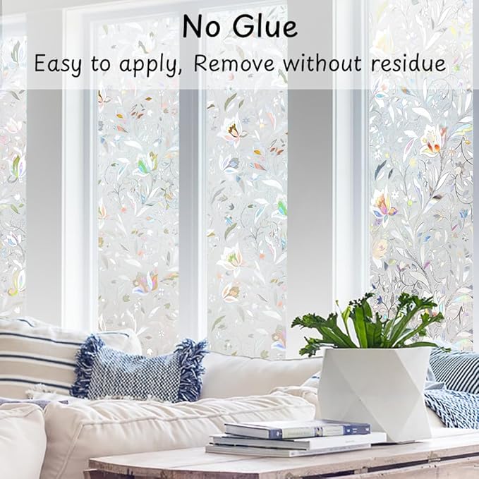 NINETREX Window Privacy Film,3D Stained Glass Window Film,Decorative Window Covering Sun Blocking Vinyl Static Cling Anti-UV Heat Control for Home Decor,Tulip 23.6 x 157.4inch
