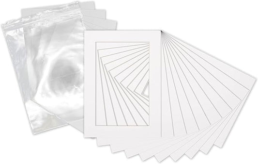 5.5x8.5 Mat for 8.5x11 Frame - Precut Mat Board Acid-Free Show Kit with Backing Board, and Clear Bags White 5.5x8.5 Photo Matte Made to Fit a 8.5x11 Picture Frame Matboard for Framing, Pack of 10 Mats