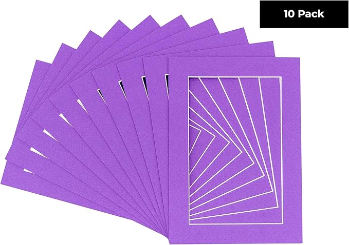5x7 Mat for 8.5x11 Frame - Precut Mat Board Acid-Free Show Kit with Backing Board, and Clear Bags Purple 5x7 Photo Matte Made to Fit a 8.5x11 Picture Frame Matboard for Framing, Pack of 10 Mats