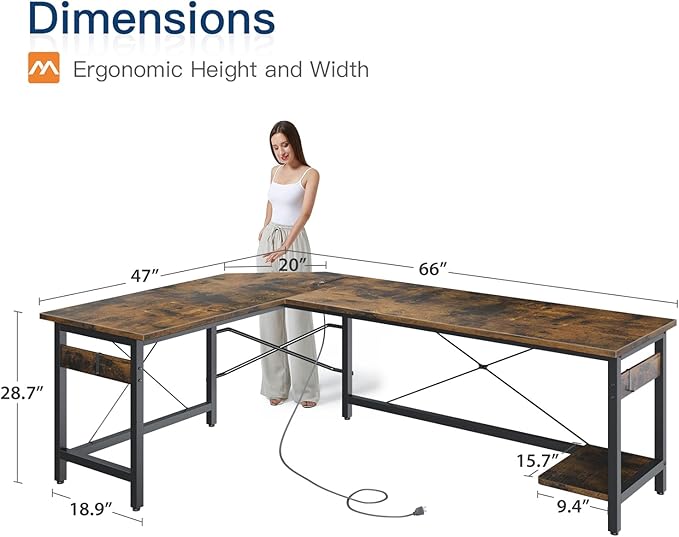 Coleshome 66" L Shaped Gaming Desk with Outlet, L Shaped Desk with CPU Stand, Corner Computer Desk, Home Office Desk, Writing Desk, Vintage