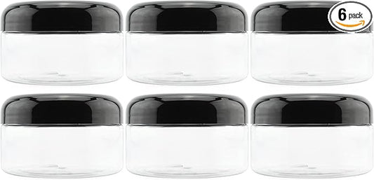 Cornucopia Brands 8oz Clear Plastic Jars w/Black Plastic Lids (6-Pack); BPA Free PET Stackable Containers for Bathroom & Kitchen Storage & Cosmetics
