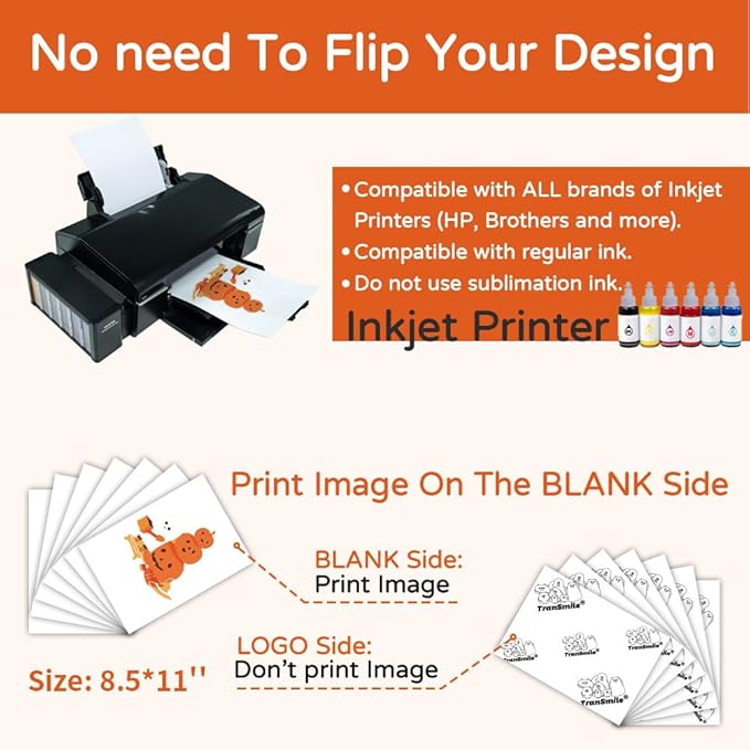 TranSmile PU-Heat Transfer Paper for T Shirts (50 Sheets, 8.5 x 11'') Printable Heat Transfer Vinyl for Dark Fabrics Iron on Transfers for Inkjet Printer (D-50)