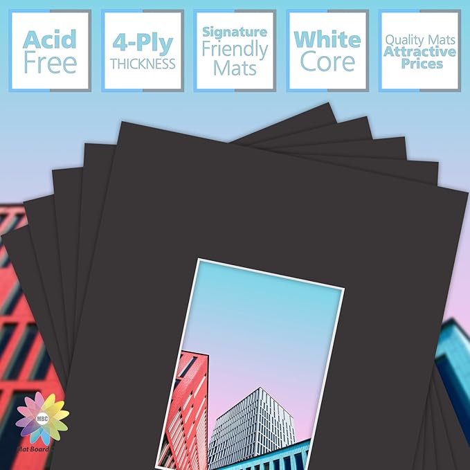 MBC MAT BOARD CENTER, 5 Pack 11x14 for 5x7 Black Picture Mats Frame Mattes, Bevel Cut, Acid Free, 4-ply Thickness