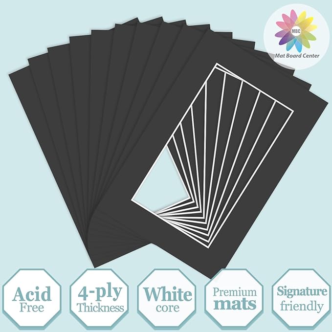MBC MAT BOARD CENTER, 10 Pack 4x6 for 3x5 Black Picture Mats Frame Mattes, Bevel Cut, Acid Free, 4-ply Thickness