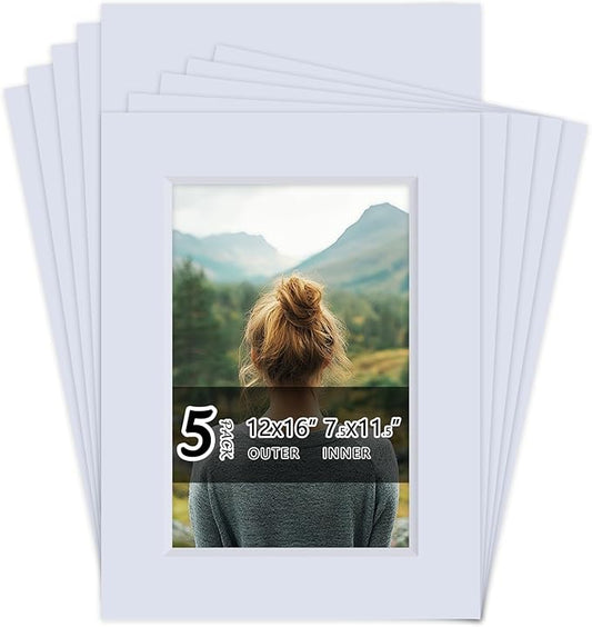 Falling in Art 5 Pack Acid Free 12x16'' White Picture Mats Board Show Kit for 8x12'' Photos, 4-Ply Beveled Pre-Cut Photo Mats with Backing Board for Frames, Artwork and Prints