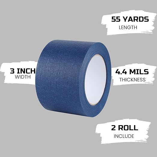 Lichamp Wide Masking Tape 3 inches, 2 Packs Blue Painters Tape Blue Masking Paper, 3 inches x 55 Yards x 2 Roll
