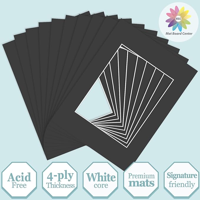MBC Mat Board Center, 10 Pack 12x16 for 8.5x11 Black Picture Mats Frame Mattes, Bevel Cut, Acid Free, 4-ply Thickness