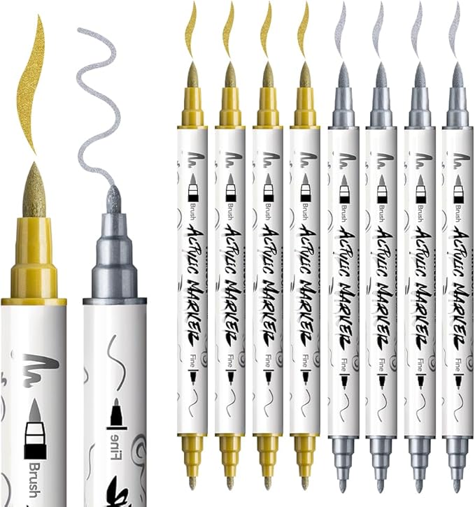 TRANSON 4 Gold and 4 Silver Paint Markers Brush and Fine Dual-tip Acrylic Paint Marker Set for Rock Painting Glass Canvas Wood Leather Ceramic Painting