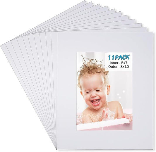 Egofine 8x10 White Picture Mats Pack of 11, Frame Mattes for 5x7 Pictures, Acid Free, 1.2mm Thickness, with Core Bevel Cut