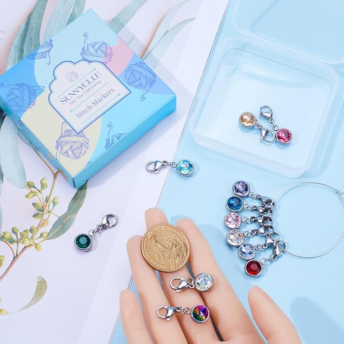 SUNNYCLUE 1 Box 12pcs Knitting Stitch Markers Knitting Crochet Markers Rhinestone Crystal Brirthstone Charms Crochet for Weaving Sewing Needleworks DIY Craft Gift Supplies