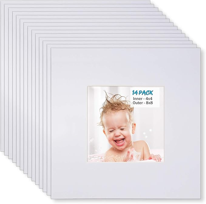 Egofine 8x8 White Picture Mats, Frame Mattes for 6x6 Pictures, Acid Free, 1.2mm Thickness, with Core Bevel Cut - Pack of 14