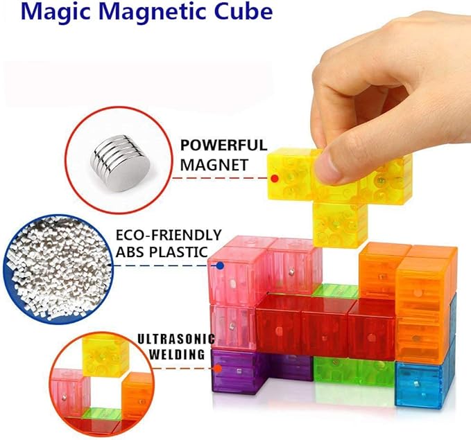 Magnetic Soma Cube Block- Children's Educational Toys Magnetic Tiles for Kids Stress Relief Toy Puzzle Cubes to Develops Intelligence, Ideal for Birthday Gifts (Crystal)