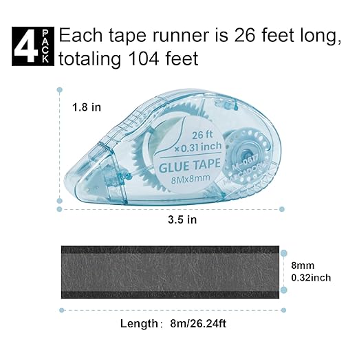 Glue Tape for Scrapbooking, Scrapbook Tape 4 Pcs, Double Sided Tape Roller for Crafts, 26 Ft x 0.31 In Tape Runner, Junk Journal Supplies, Scrapbook Supplies & Craft, Photo, Tape for Gift Wrapping.
