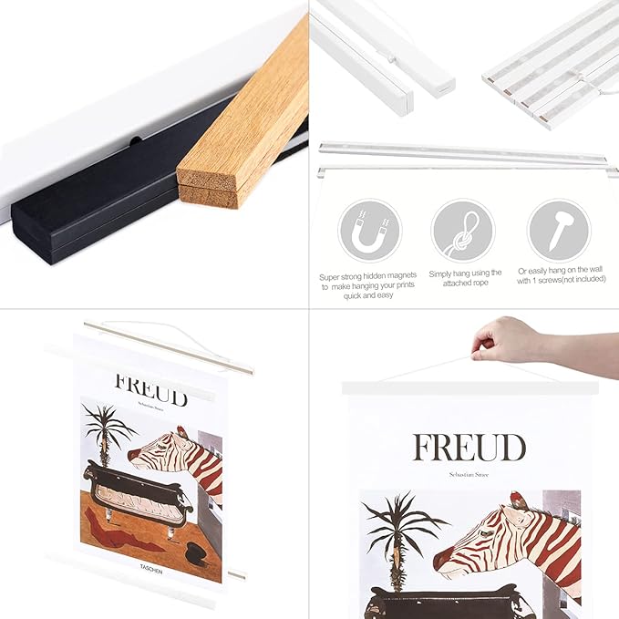 Ywlake Magnetic Poster Hanger, 17x24 17x11 17x22 Poster Frame Wood Wooden Magnet Print Posters Dowel Scroll Hanger Hangers Hanging Kit for Walls Map Canvas Artwork (White, 17")