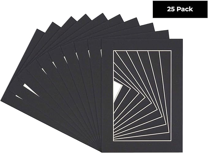 5.5x8.5 Mat for 8.5x11 Frame - Precut Mat Board Acid-Free Black 5.5x8.5 Photo Matte For a 8.5x11 Picture Frame, Premium Matboard for Family Photos, Show Kits, Art, Picture Framing, Pack of 25 Mats