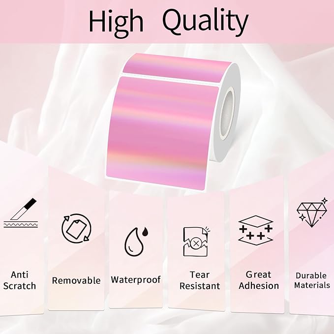 Holographic Square Thermal Labels Stickers 3" x 3", Direct Square Thermal Stickers Labels, Glitter Self-Adhesive Thermals Label for Small Business- Holographic Pink
