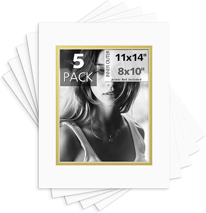Mat Board Center, Double Mat - Acid Free, 8-ply Thickness, White Core - for Pictures, Photos, Framing (Off White Over Gold, 11x14 for 8x10, Pack of 5)