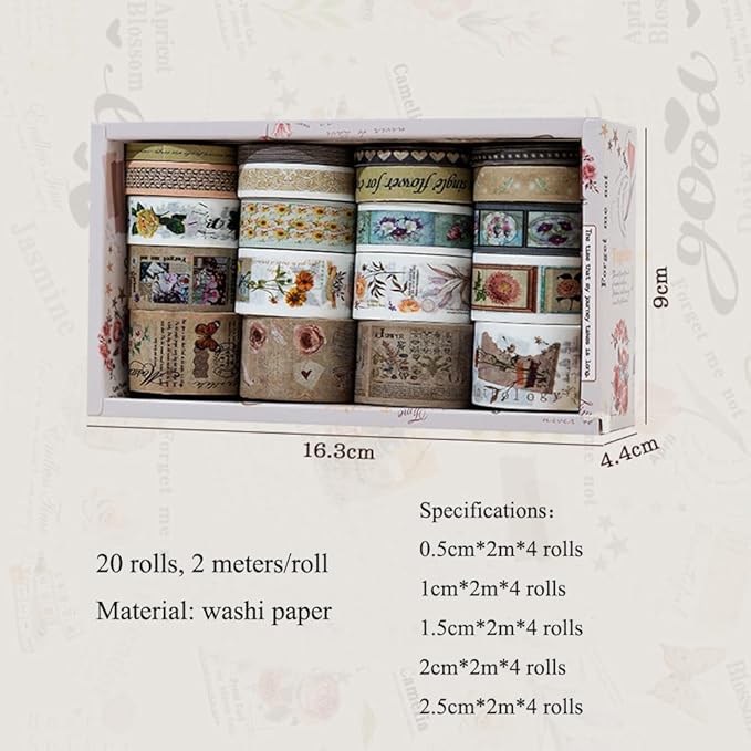 MAFELOE Decorative Vintage Washi Tapes Set 20 Rolls 2 Meters Long, Adhesive Scrapbook Junk Journaling Art Craft Collage Supplies-Forest Dream Series-Light Brown (WT-M4-SLMJ)